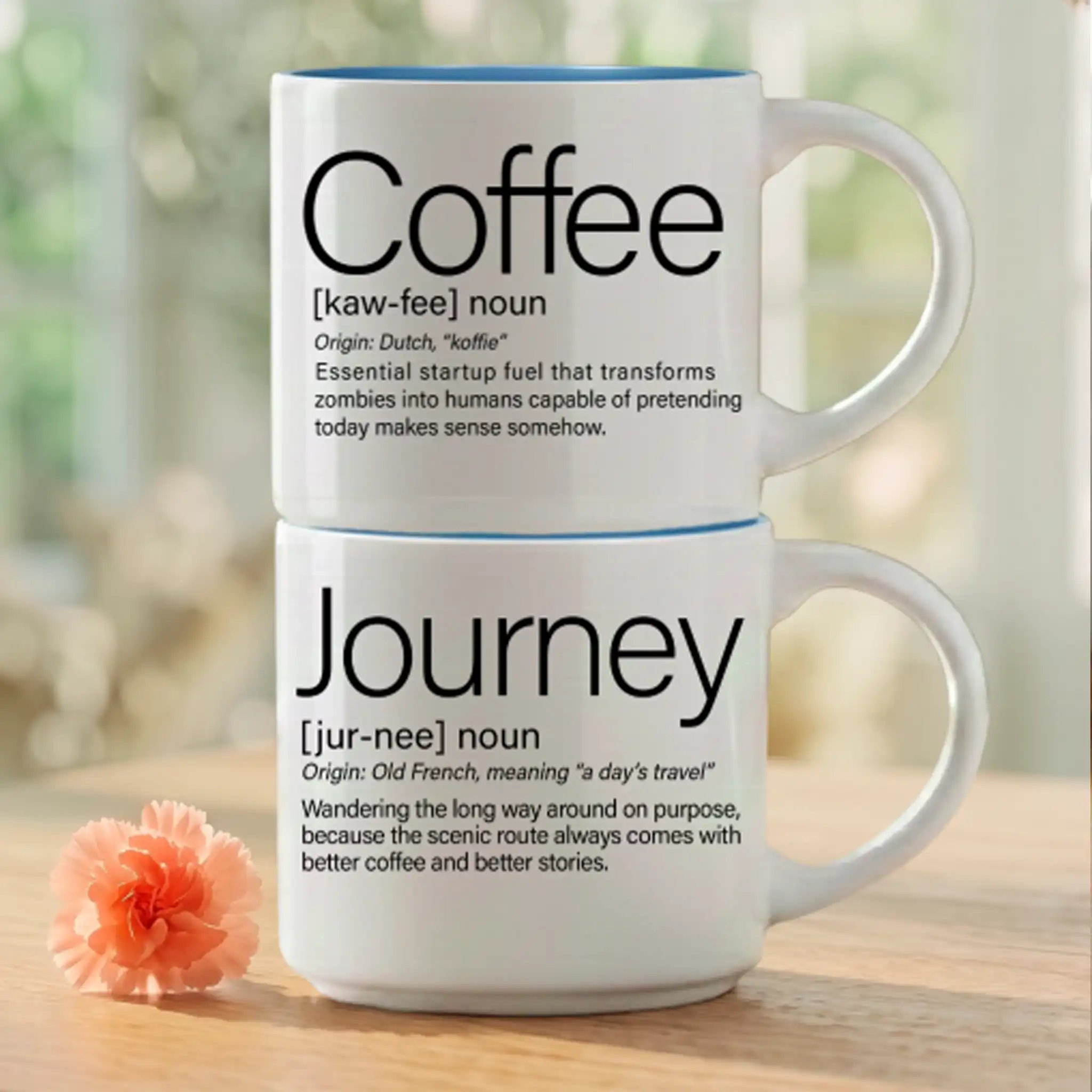 Coffee + Journey mug set, two 14-ounce white stackable mugs reading Coffee and Journey in Word Story Style