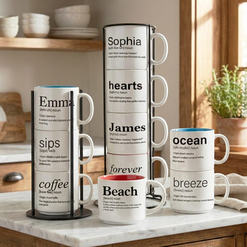Build your story, one word at a time. Coffee & Words stackable mugs with Word Story Style® definitions.