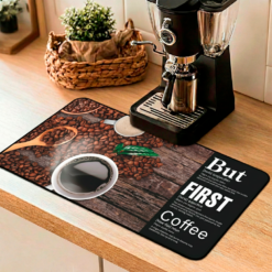 Alternative view of Story Stack Mat | But First Coffee - Coffee Beans and Wood Background - Coffee and Desk Mat