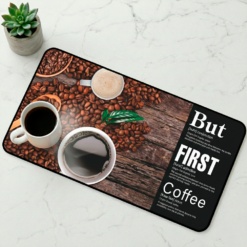 Story Stack Mat | But First Coffee - Coffee Beans and Wood Background - Coffee and Desk Mat