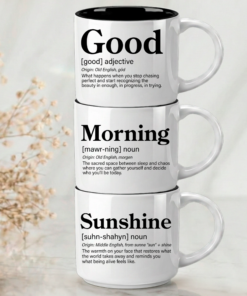 Good + Morning + Sunshine – because some combinations just make everything better. This 3-word stack from Coffee & Words features our signature Word Story Style® definitions across three premium mugs that honor the ritual of starting your day right.