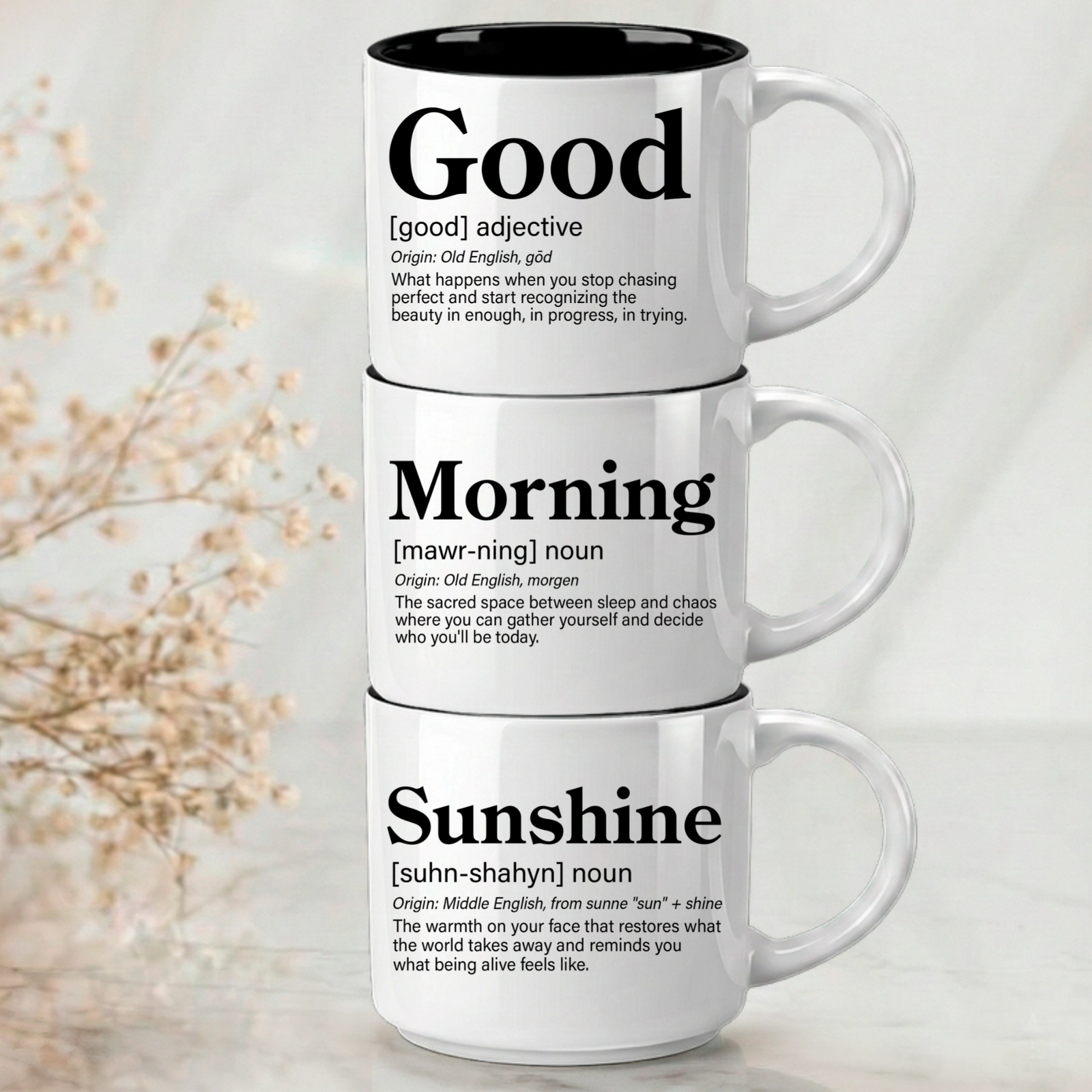 Good + Morning + Sunshine – because some combinations just make everything better. This 3-word stack from Coffee & Words features our signature Word Story Style® definitions across three premium mugs that honor the ritual of starting your day right.