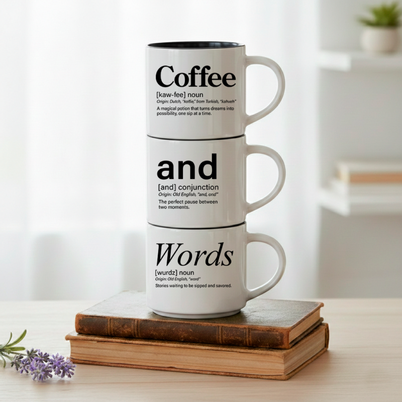 The Coffee & Words signature stack: coffee, and, words — stories waiting to be sipped and savored.