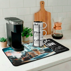 The Live + Love + Craft coffee and desk mat honors creativity, handmade artistry and the soulful work of tangling threads.