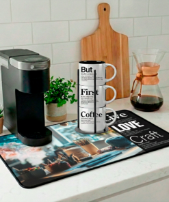 The Live + Love + Craft coffee and desk mat honors creativity, handmade artistry and the soulful work of tangling threads.