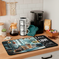 The Live + Love + Craft coffee and desk mat honors creativity, handmade artistry and the soulful work of tangling threads.