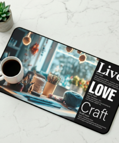 The Live + Love + Craft coffee and desk mat honors creativity, handmade artistry and the soulful work of tangling threads.