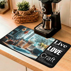 The Live + Love + Craft coffee and desk mat honors creativity, handmade artistry and the soulful work of tangling threads.