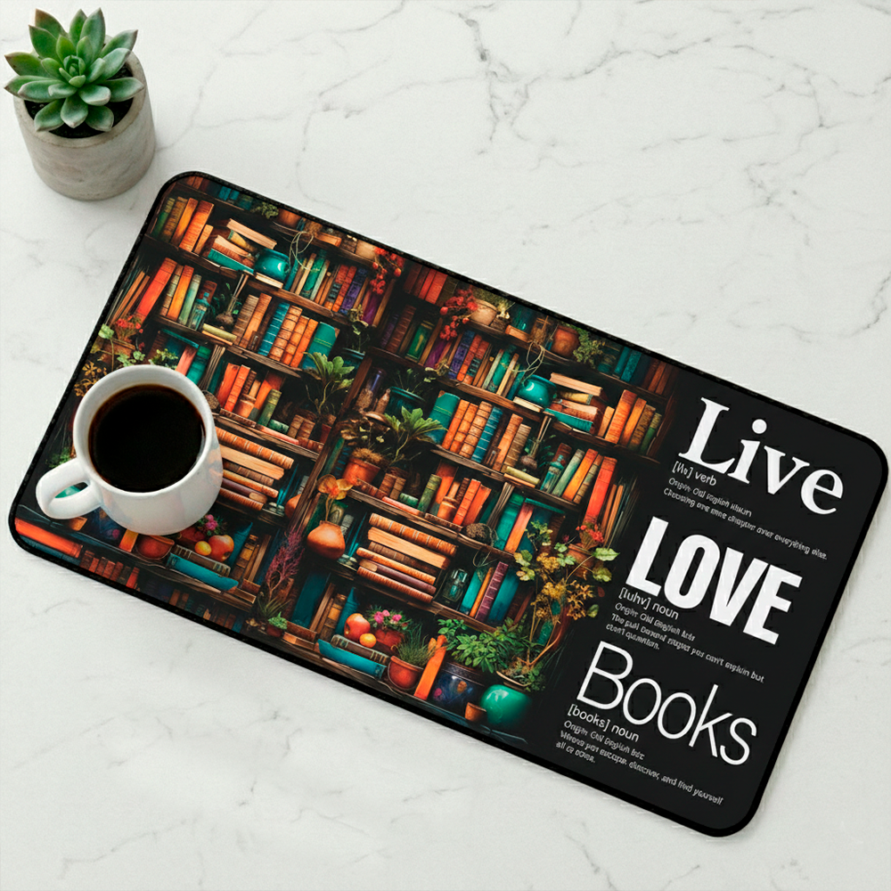 Story Stack Mat – The foundation for your coffee station or workspace. Vibrant bookshelf scene filled with colorful spines and cozy details meets Word Story Style® definitions.