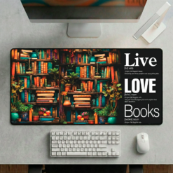 Story Stack Mat – The foundation for your coffee station or workspace. Vibrant bookshelf scene filled with colorful spines and cozy details meets Word Story Style® definitions.