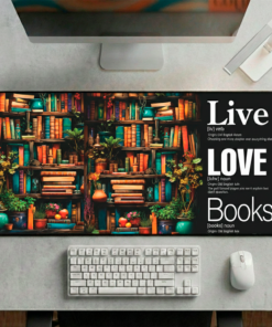 Story Stack Mat – The foundation for your coffee station or workspace. Vibrant bookshelf scene filled with colorful spines and cozy details meets Word Story Style® definitions.