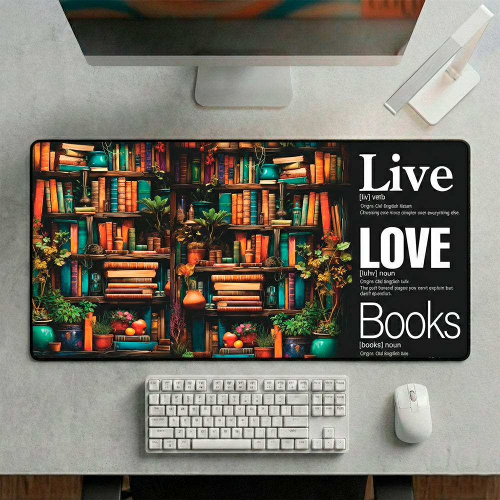 Story Stack Mat – The foundation for your coffee station or workspace. Vibrant bookshelf scene filled with colorful spines and cozy details meets Word Story Style® definitions.