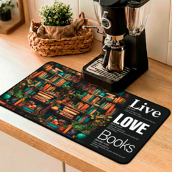 Story Stack Mat – The foundation for your coffee station or workspace. Vibrant bookshelf scene filled with colorful spines and cozy details meets Word Story Style® definitions.