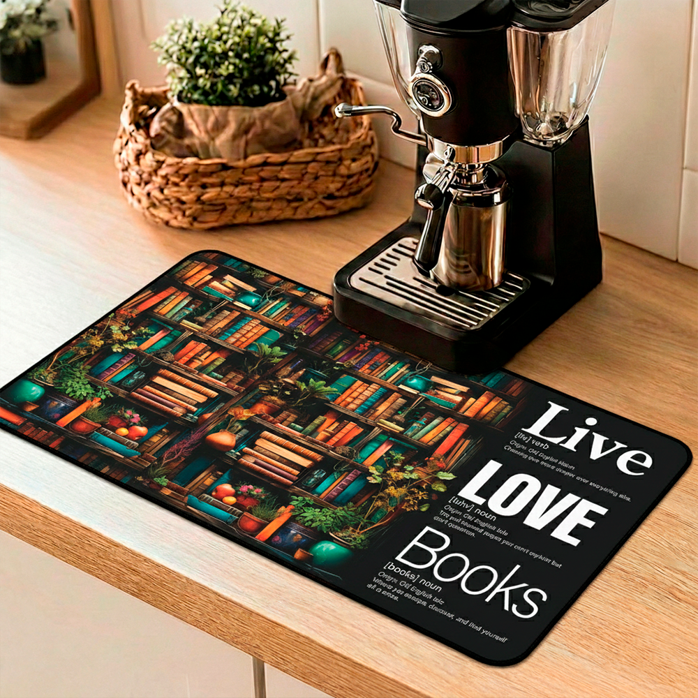 Story Stack Mat – The foundation for your coffee station or workspace. Vibrant bookshelf scene filled with colorful spines and cozy details meets Word Story Style® definitions.