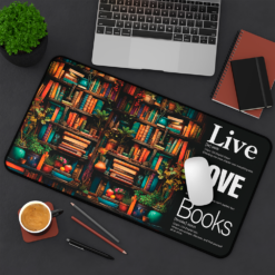 Story Stack Mat – The foundation for your coffee station or workspace. Vibrant bookshelf scene filled with colorful spines and cozy details meets Word Story Style® definitions.
