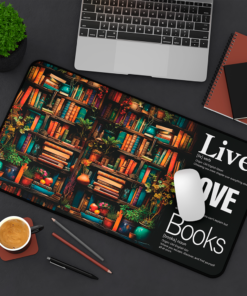 Story Stack Mat – The foundation for your coffee station or workspace. Vibrant bookshelf scene filled with colorful spines and cozy details meets Word Story Style® definitions.
