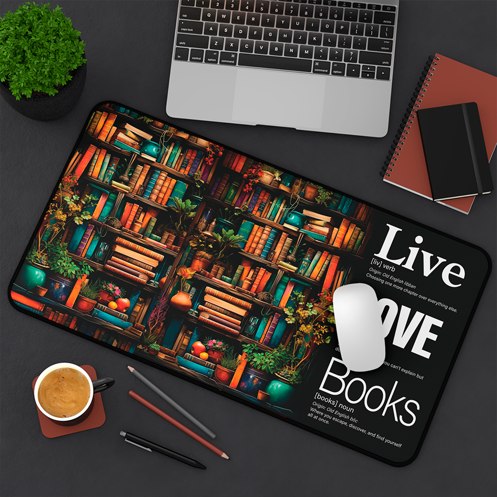 Story Stack Mat – The foundation for your coffee station or workspace. Vibrant bookshelf scene filled with colorful spines and cozy details meets Word Story Style® definitions.