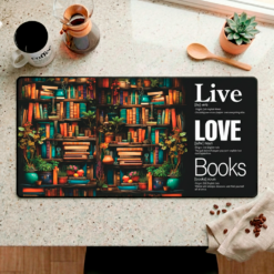 Story Stack Mat – The foundation for your coffee station or workspace. Vibrant bookshelf scene filled with colorful spines and cozy details meets Word Story Style® definitions.
