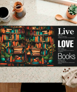 Story Stack Mat – The foundation for your coffee station or workspace. Vibrant bookshelf scene filled with colorful spines and cozy details meets Word Story Style® definitions.