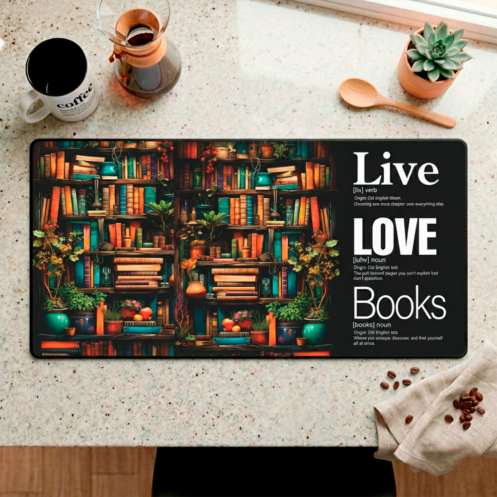 Story Stack Mat – The foundation for your coffee station or workspace. Vibrant bookshelf scene filled with colorful spines and cozy details meets Word Story Style® definitions.