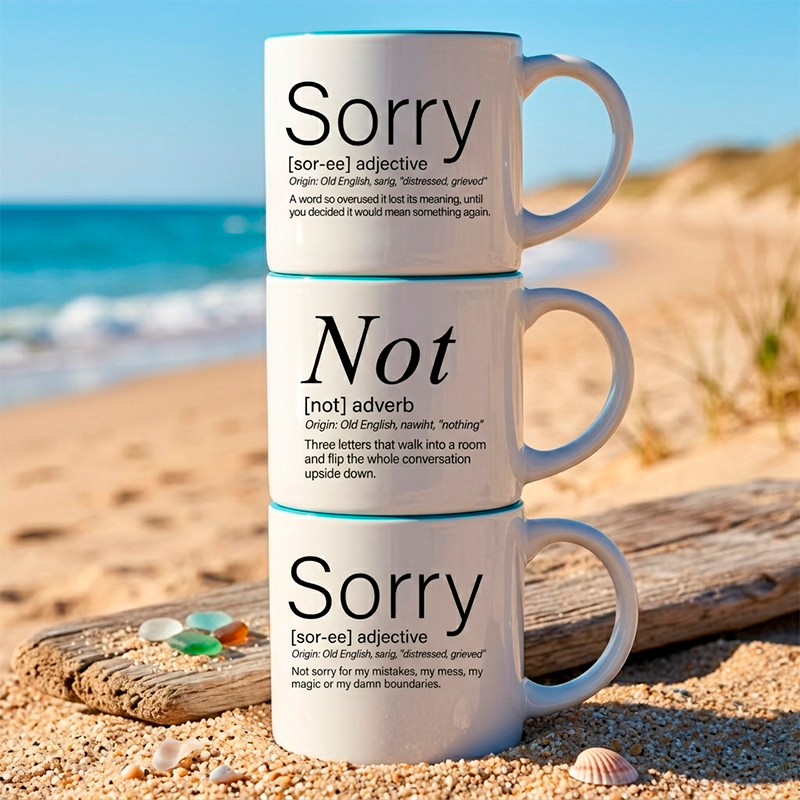 The declaration that took a California beach, a bottle of wine and a decade of living it out loud to get right. This 3-mug stackable set features Word Story Style® definitions of Sorry + Not + Sorry — one edition, one voice, one complete declaration — printed on premium 14oz ceramic mugs with 4 interior color options.