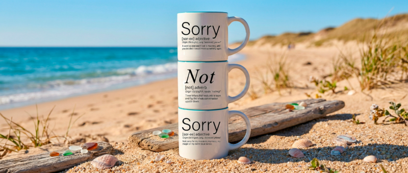 The declaration that took a California beach, a bottle of wine, and a decade of living it out loud to get right. This 3-mug stackable set features Word Story Style® definitions of Sorry + Not + Sorry — one edition, one voice, one complete declaration — printed on premium 14oz ceramic mugs with 4 interior color options.