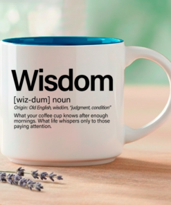 The word that can't be taught, only earned. This single mug features three Word Story Style® definitions of Wisdom — Meaningful, Whimsical, and Uncensored — printed on both sides of a premium 14oz ceramic mug with 4 interior color options.