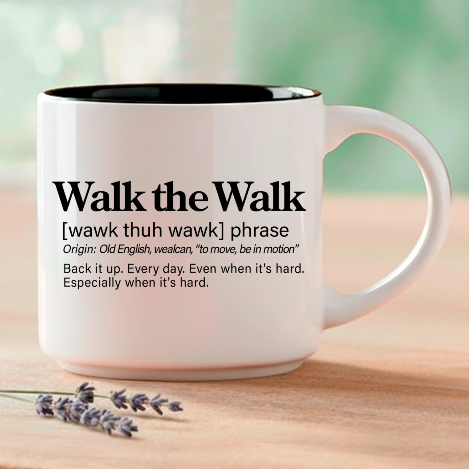 The phrase that keeps you moving when everything in you wants to stop. This single mug features three Word Story Style® definitions of Walk the Walk — Meaningful, Whimsical, and Uncensored — printed on both sides of a premium 14oz ceramic mug with 4 interior color options.