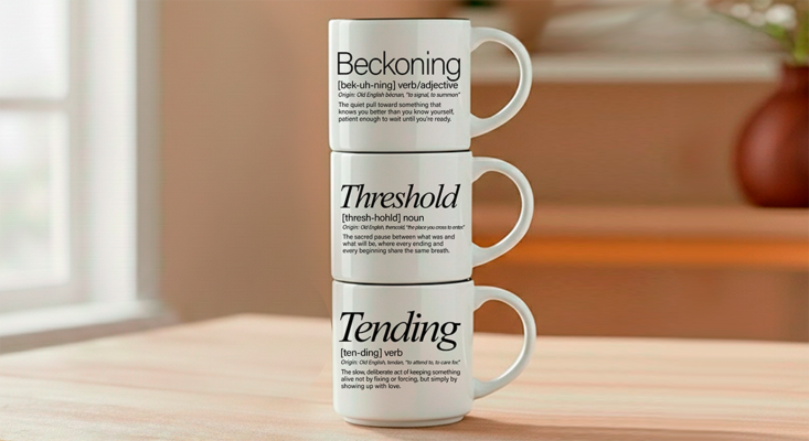 Some Saturday mornings find you before you find them. The Beckoning + Threshold + Tending mug set is for every person who has ever felt something calling them back, stood at the edge of a change they weren't ready for and showed up anyway.