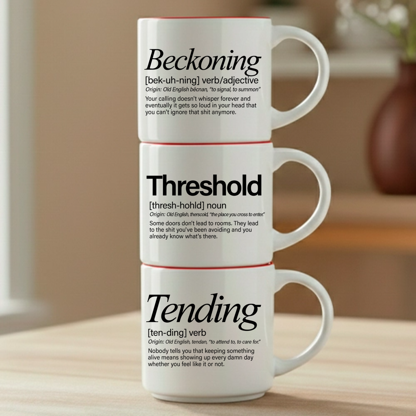 Some Saturday mornings find you before you find them. The Beckoning + Threshold + Tending mug set is for every person who has ever felt something calling them back, stood at the edge of a change they weren't ready for and showed up anyway.