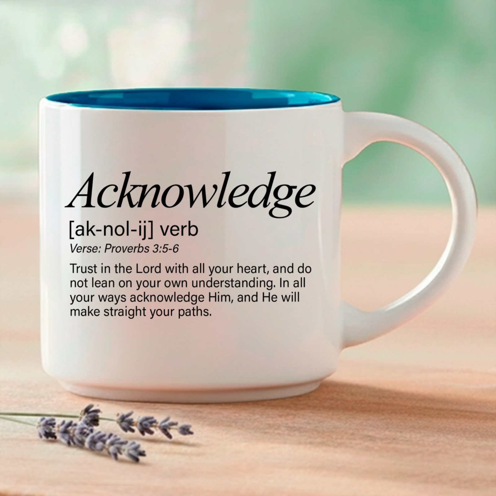 Acknowledge, Word Story Style™ verse printed on the front. The full verse, Proverbs 3:5-6, continues on the reverse side of the mug. Available in 4 colors.