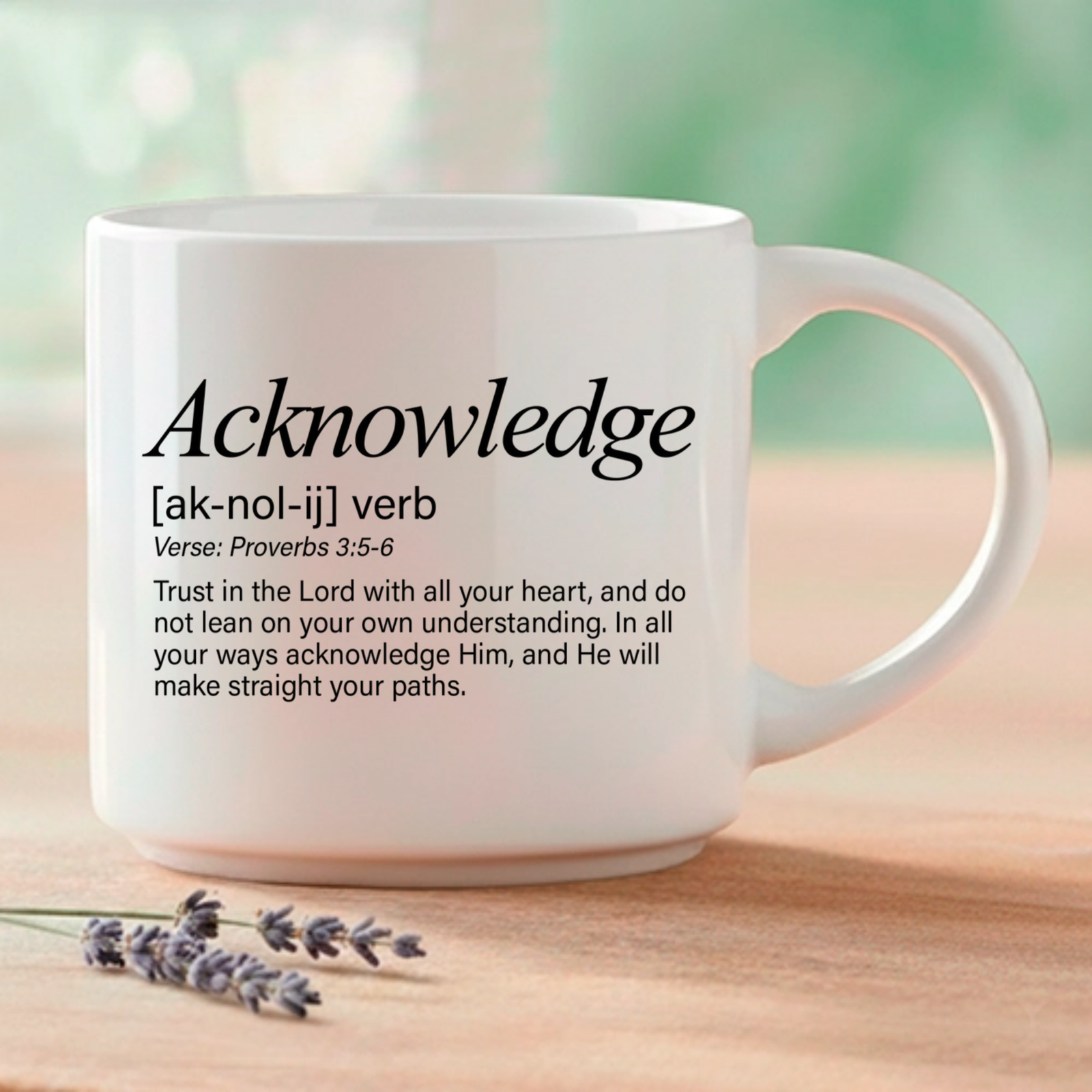 Acknowledge, Word Story Style™ verse printed on the front. The full verse, Proverbs 3:5-6, continues on the reverse side of the mug. Available in 4 colors.