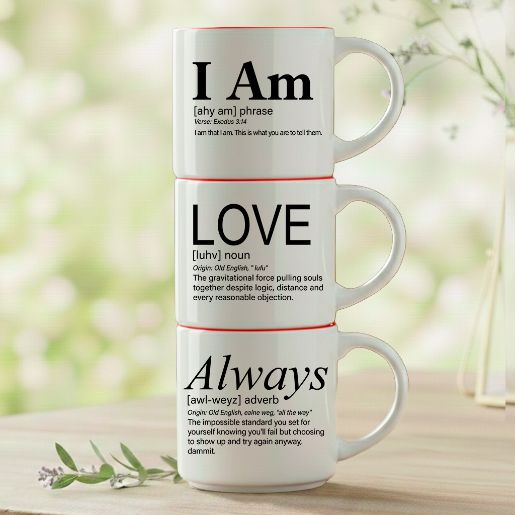 Coffee & Words creates stackable ceramic mugs featuring our proprietary Word Story Style™ definitions.