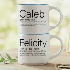 Personalized name mug set of 2 with Caleb and Felicity stacked, Meaningful definitions, Ocean Blue interiors