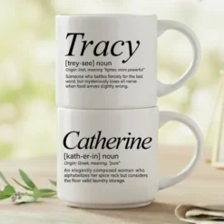 Personalized name mug set of 2 with Tracy and Catherine stacked, Whimsical definitions, white interiors