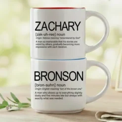 Personalized name mug set of 2 with Zachary and Bronson stacked, Whimsical definitions, red and Ocean Blue interiors