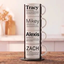 Our signature 4-mug custom sets fits flawlessly inside matching, space-saving matte black metal Storyteller Display Stands.