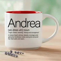 Personalized name meaning mug with the name Andrea, red interior, front view.