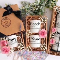 Personalized name meaning mugs in Coffee & Words gift boxes, including a Tracy mug, a 2-mug set and a 4-mug stack