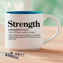 Strength blessing mug, 14-ounce white stackable mug with Strength Word Story Style Blessing
