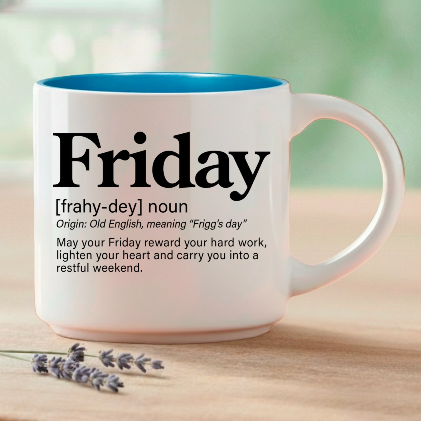 Friday blessing mug, 14-ounce white stackable mug with Friday Word Story Style Blessing.