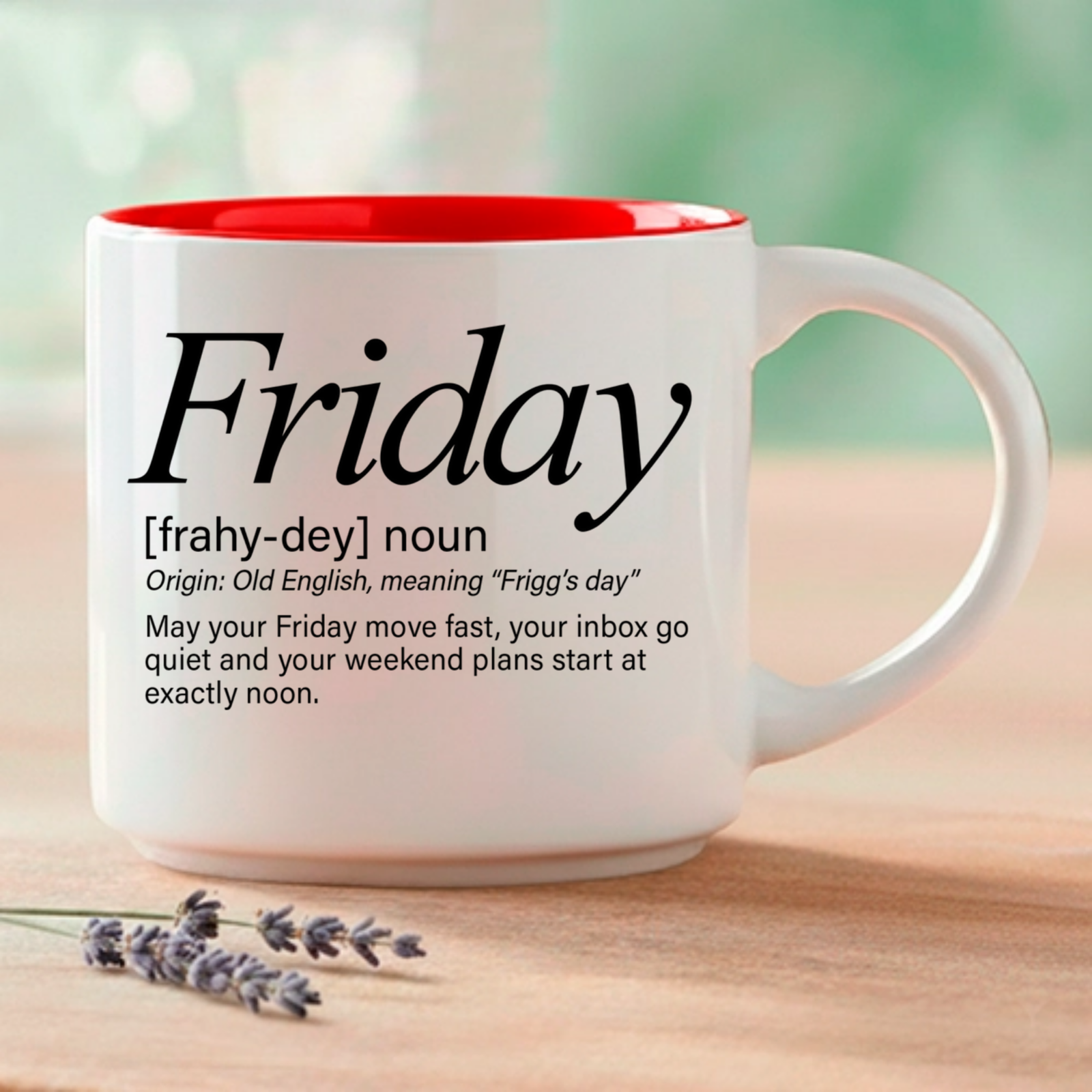 Friday blessing mug, 14-ounce white stackable mug with Friday Word Story Style Blessing.