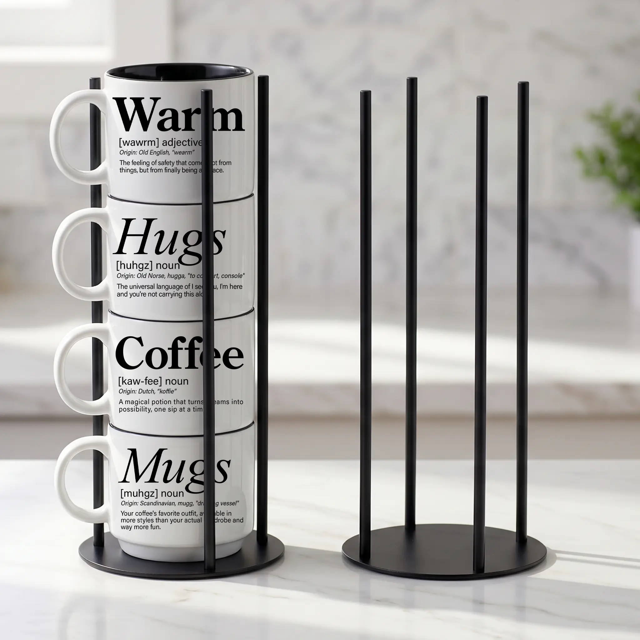 Our black metal Storyteller Display Stands hold a stack of 14-ounce Coffee & Words mugs and fit neatly on any counter or coffee bar.