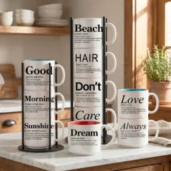 Coffee & Words stackable definition mugs on black display stands, including Good, Morning, Sunshine, Beach, Love and Always