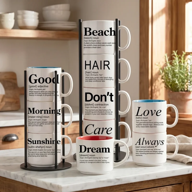 Coffee & Words stackable definition mugs on black display stands, including Good, Morning, Sunshine, Beach, Love and Always