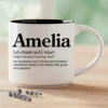 Personalized name meaning mug with the name Amelia, black interior, Meaningful definition, front view.