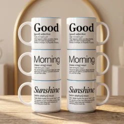 Front and back views of stackable definition mugs showing double-sided printing on Good, Morning and Sunshine mugs