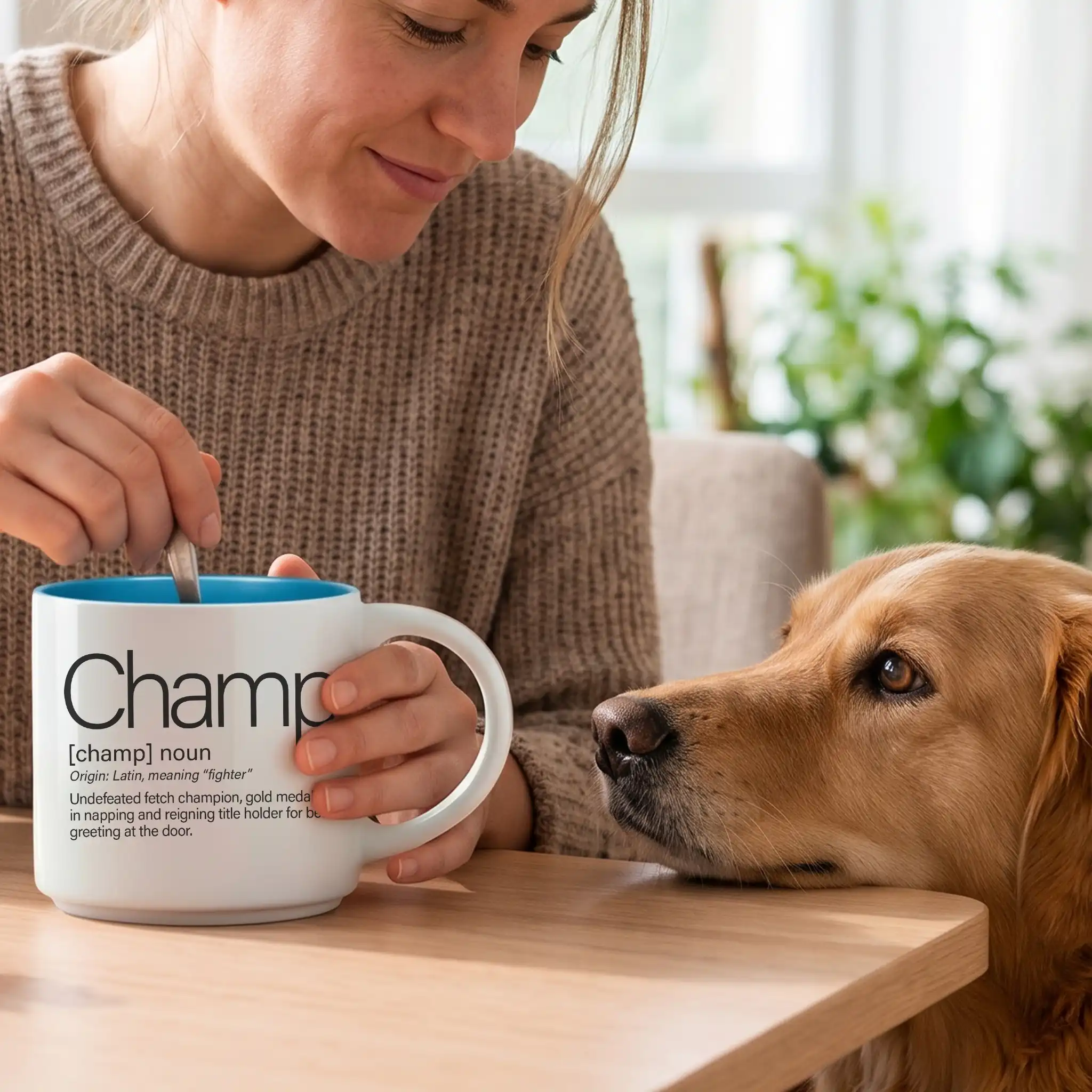 Personalized pet name mug reading Champ in Whimsical Word Story Style with Ocean Blue interior, woman stirring coffee as a golden retriever rests his head on the table.