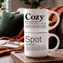 Cozy + Spot mug set, two 14-ounce white stackable mugs in Word Story Style on a wooden tray beside a rust knit blanket, green pillow, open book and reading glasses.