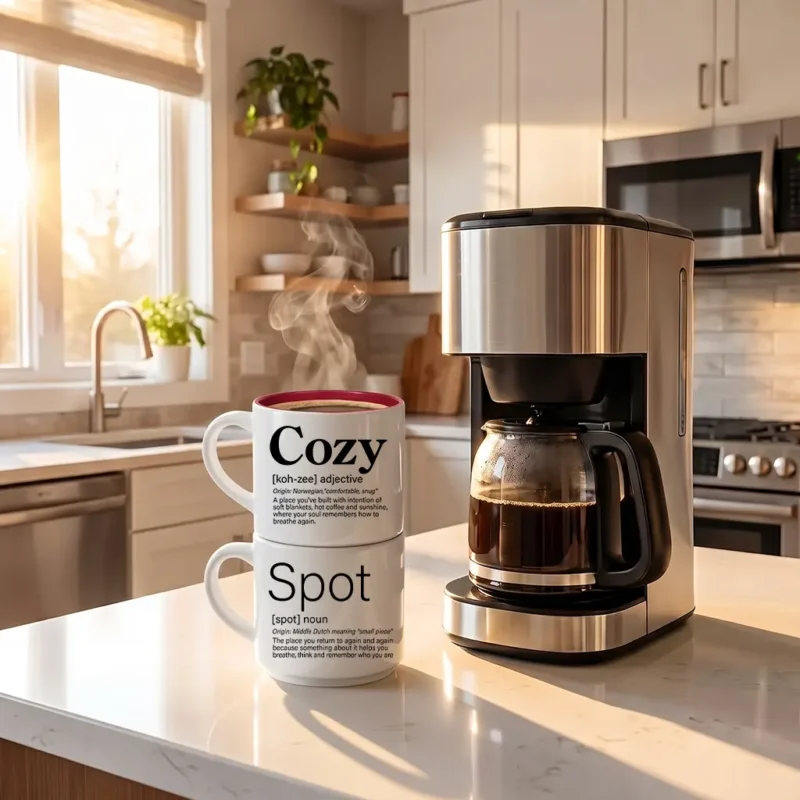 Morning rituals, elevated. Signature Word Story Style™ stackable mugs shown in a premium crimson red finish.